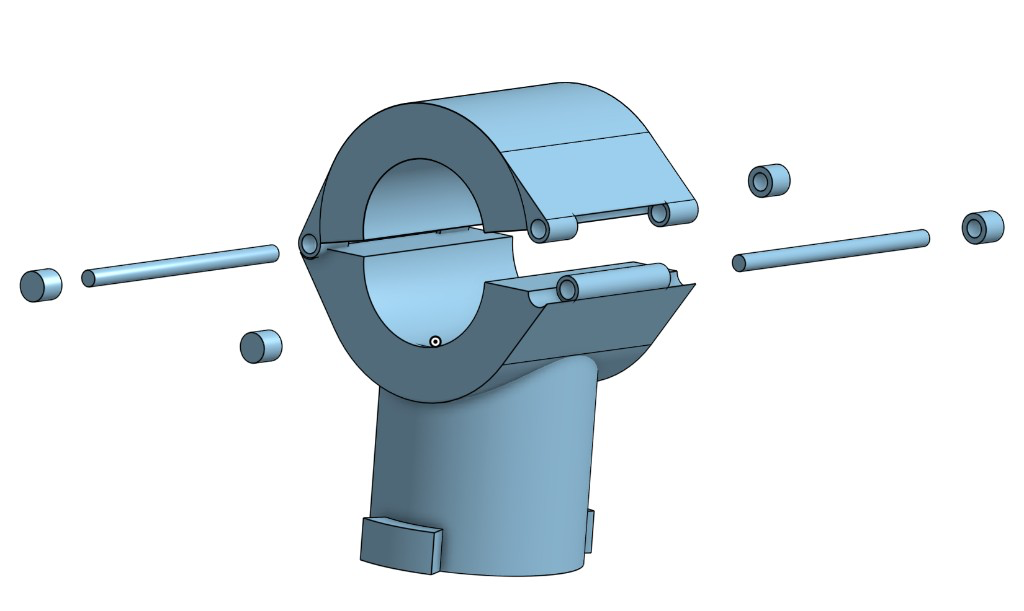 Exploded CAD view of the barbell clamp, rods, and end caps