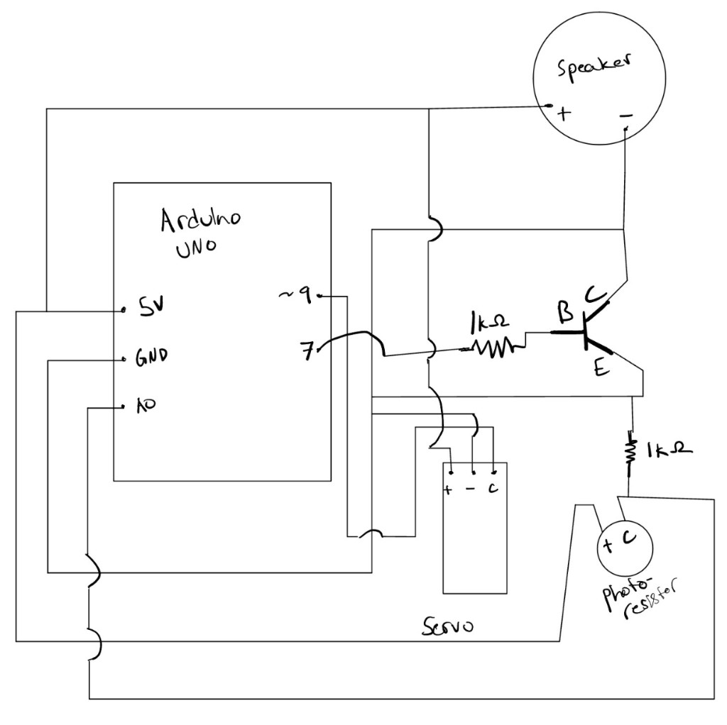 Hand-drawn wiring schematic of the Arduino Uno, photoresistor, servo, speaker, and transistor circuit
